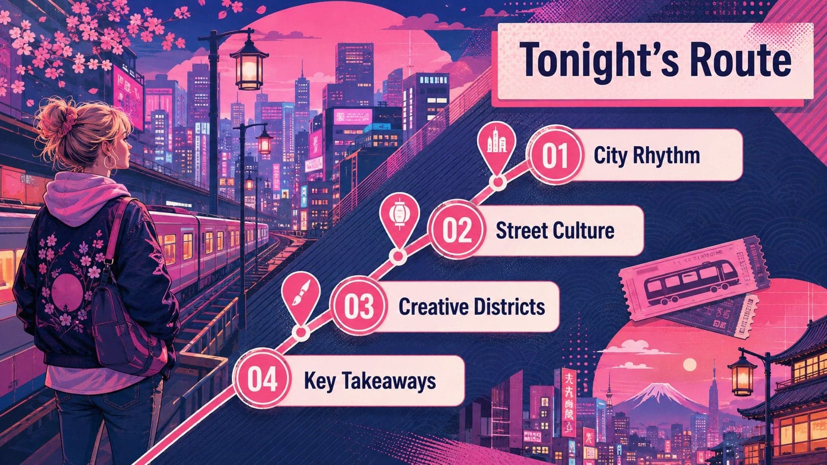 Japanese street culture slides agenda with four stops arranged along a neon transit route.