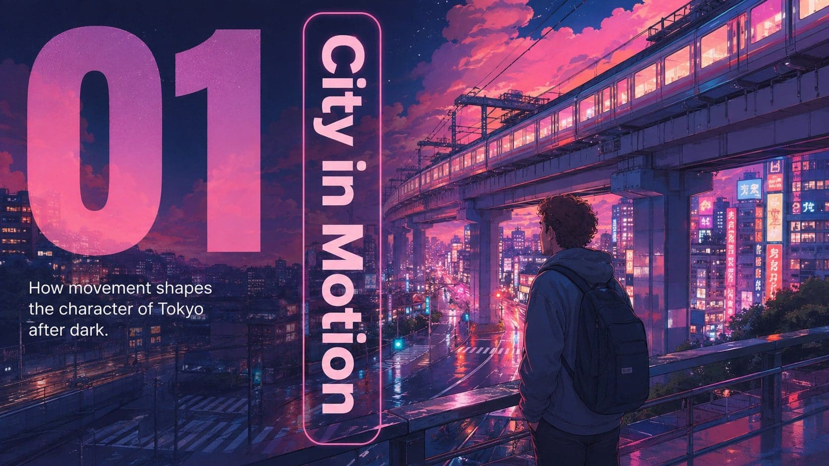 Neon city presentation background introducing a section about movement and daily life in Tokyo.