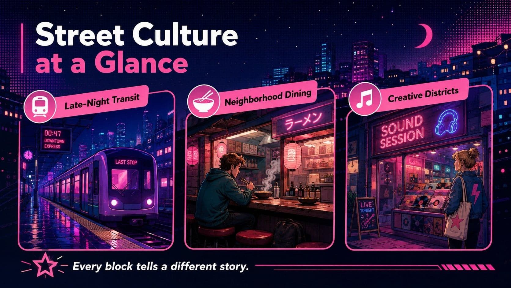Tokyo street culture overview showing three illustrated facts about transit, dining, and creative districts.