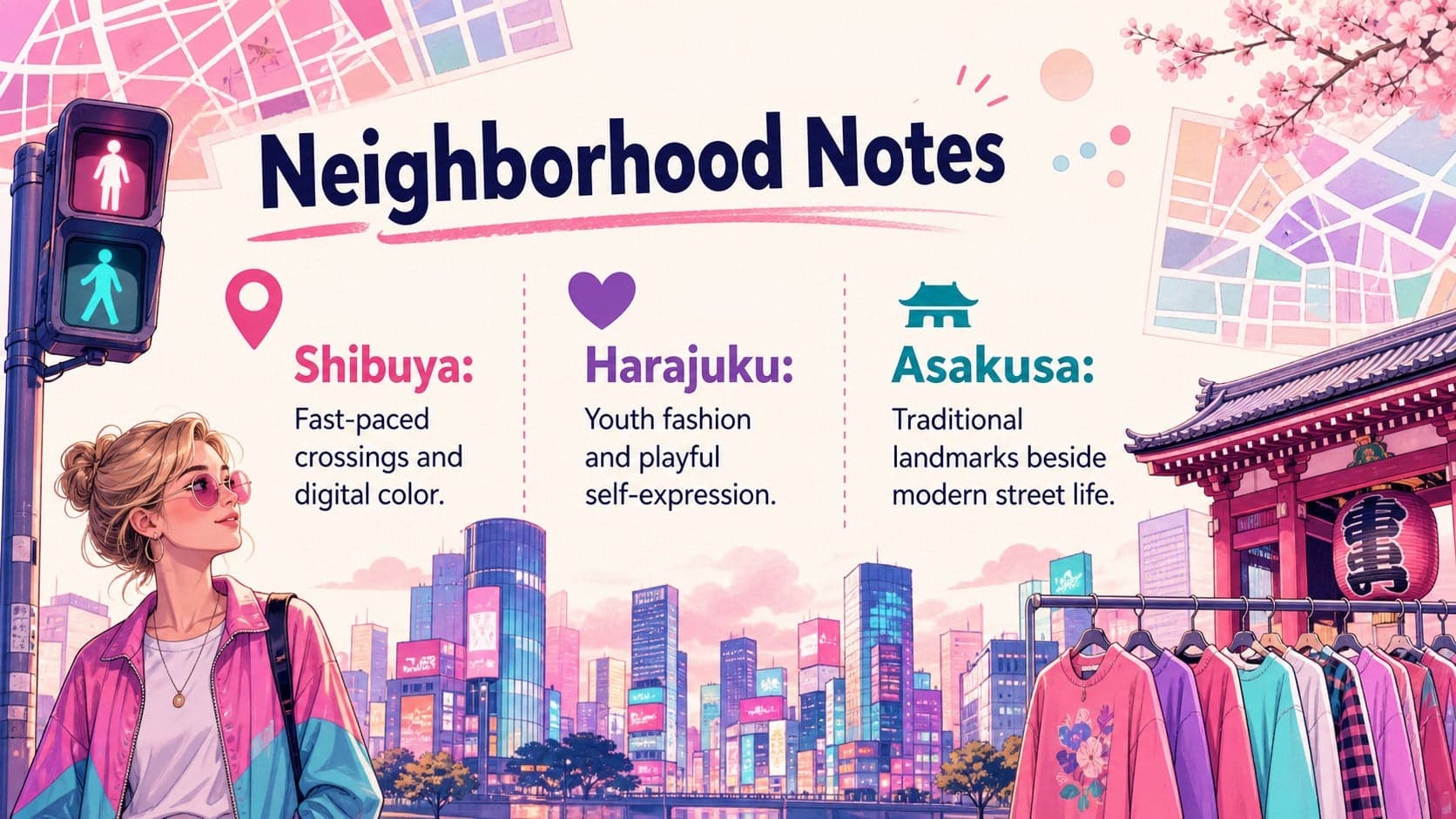 Japan travel lesson presentation with neighborhood notes for Shibuya, Harajuku, and Asakusa.