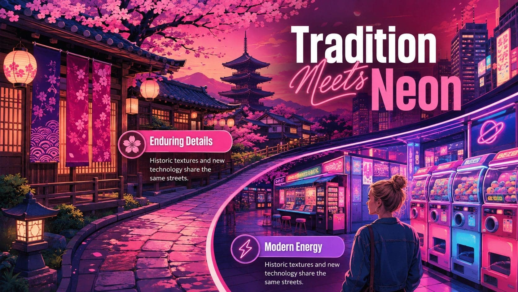 Anime-inspired Tokyo slide deck comparison contrasting traditional details with modern neon city life.