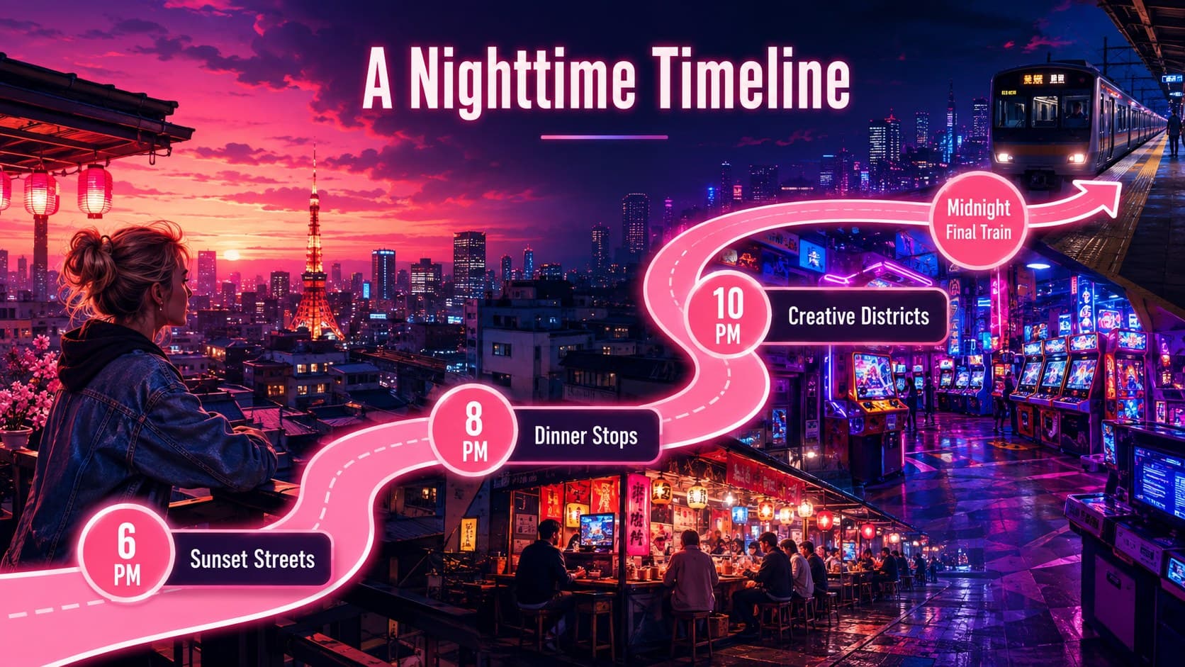 Illustrated Tokyo evening timeline tracing the city experience from sunset to the final train.