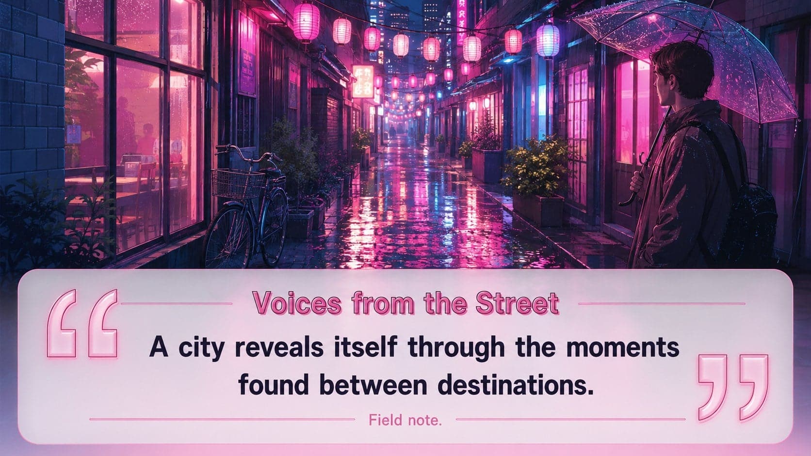 Urban Japan storytelling template quote slide framed by lanterns and a rain-lit Tokyo alley.