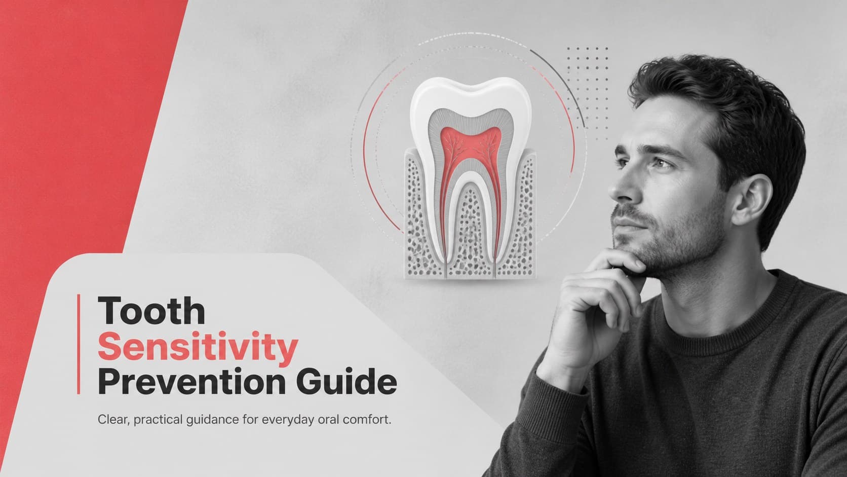 Cover of a modern grey and red tooth sensitivity prevention guide for dental education.