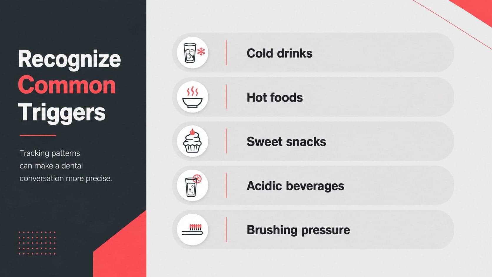 Sensitive teeth care presentation slide listing hot, cold, sweet, and acidic triggers.