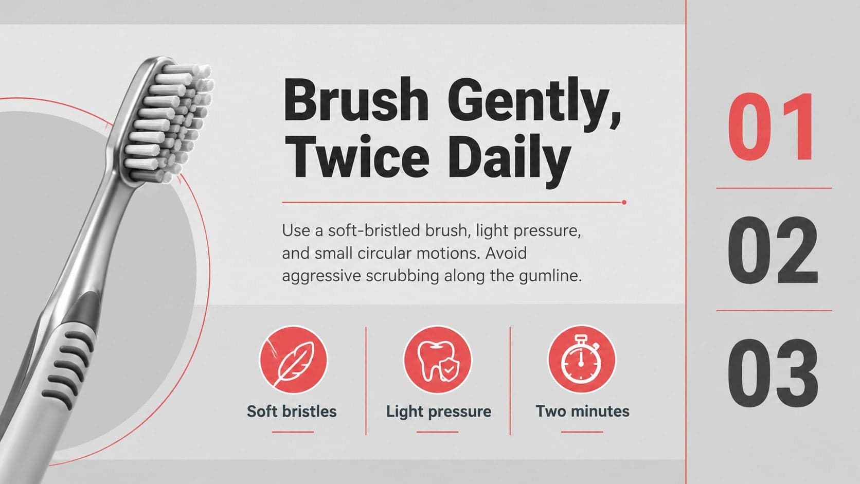 Oral hygiene workshop slide demonstrating gentle brushing habits for sensitive teeth.