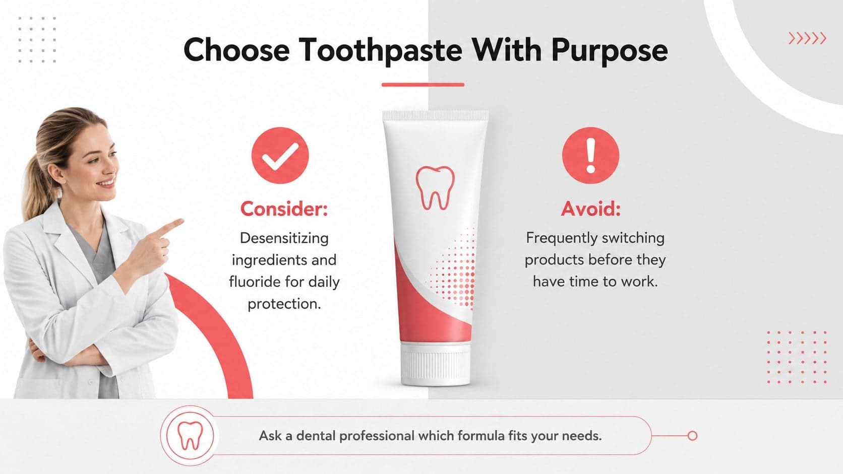 Dental care slide comparing toothpaste choices for managing tooth sensitivity.