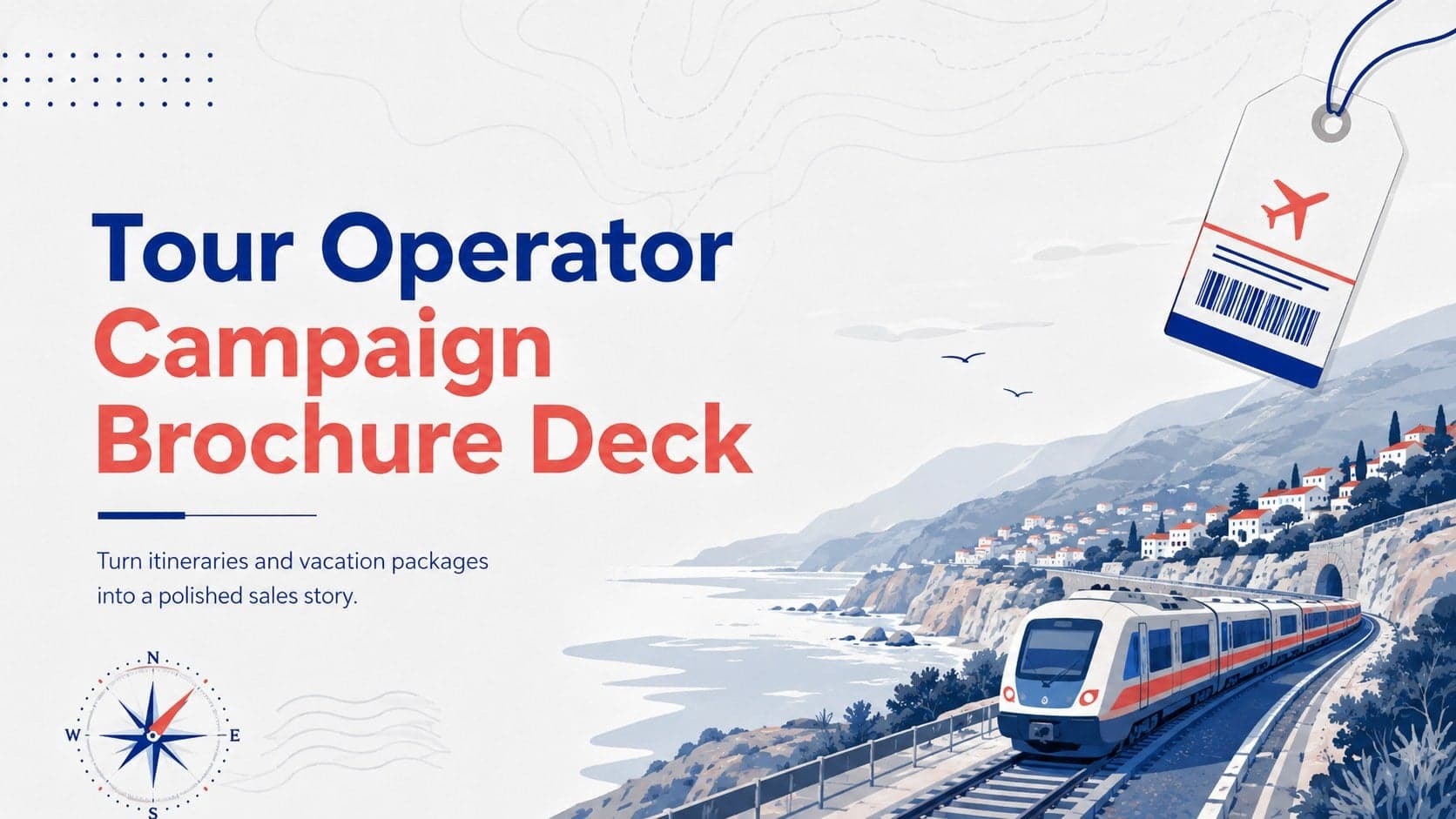 Cover of a tour operator brochure deck with modern travel illustrations and bold blue, red, gray, and white typography.
