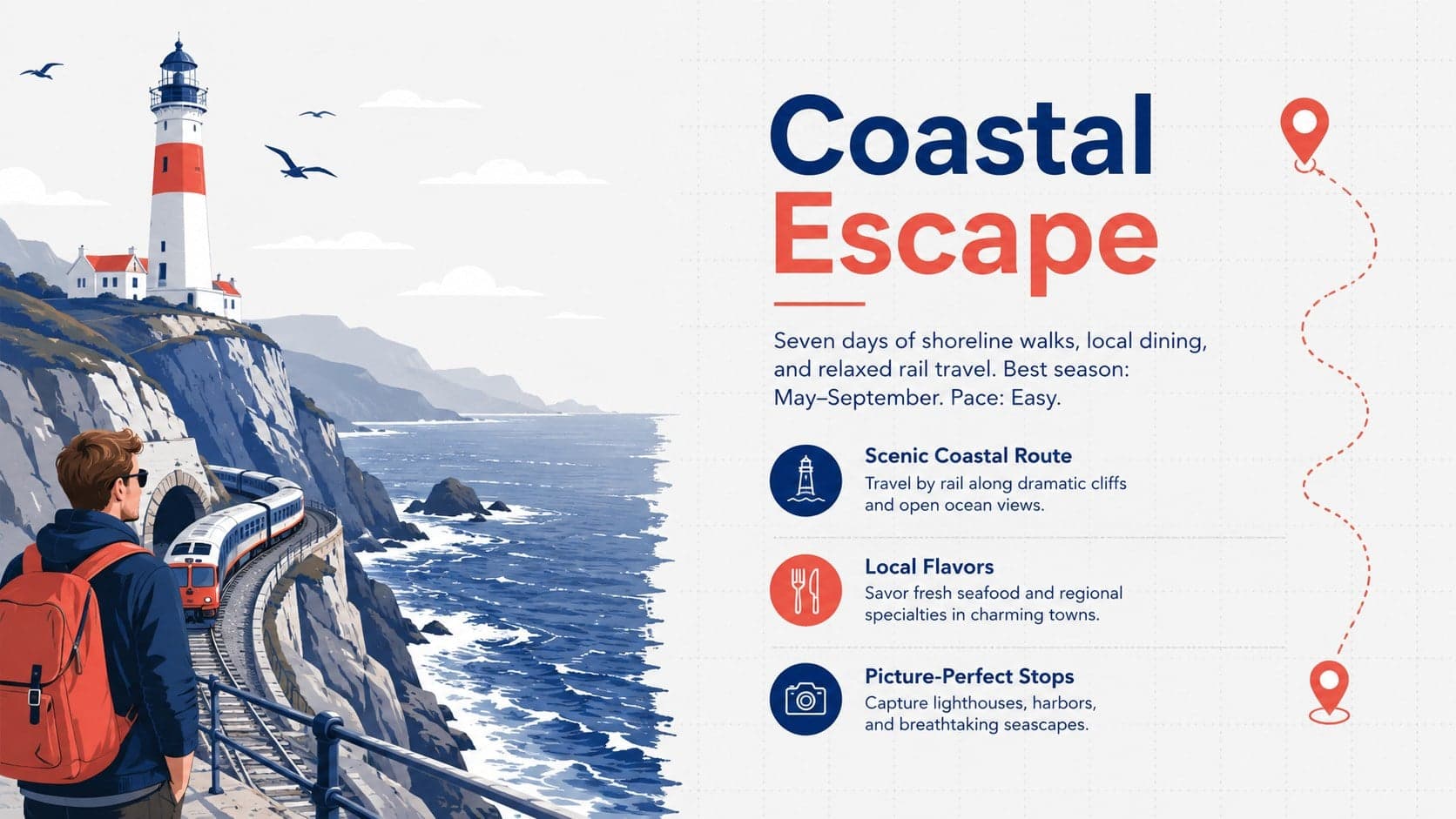 Destination brochure presentation featuring a coastal escape with concise highlights and an illustrated route.