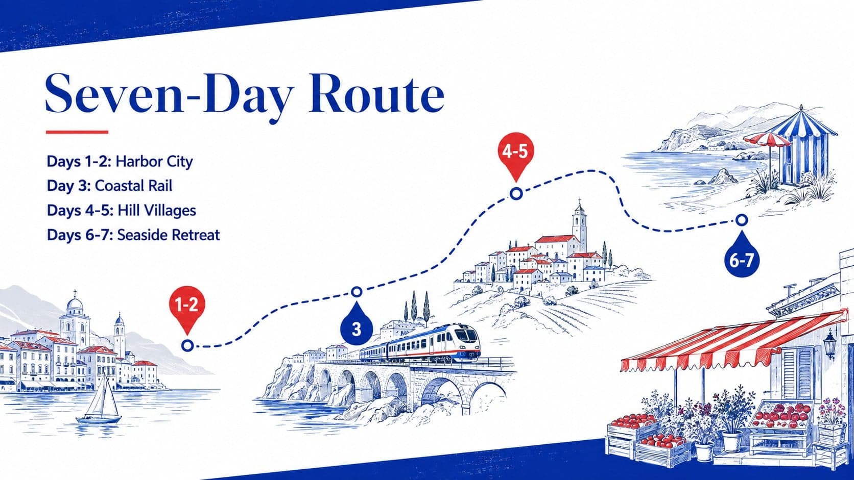 Tour itinerary pitch template showing a seven-day route with city, coast, and countryside stops.