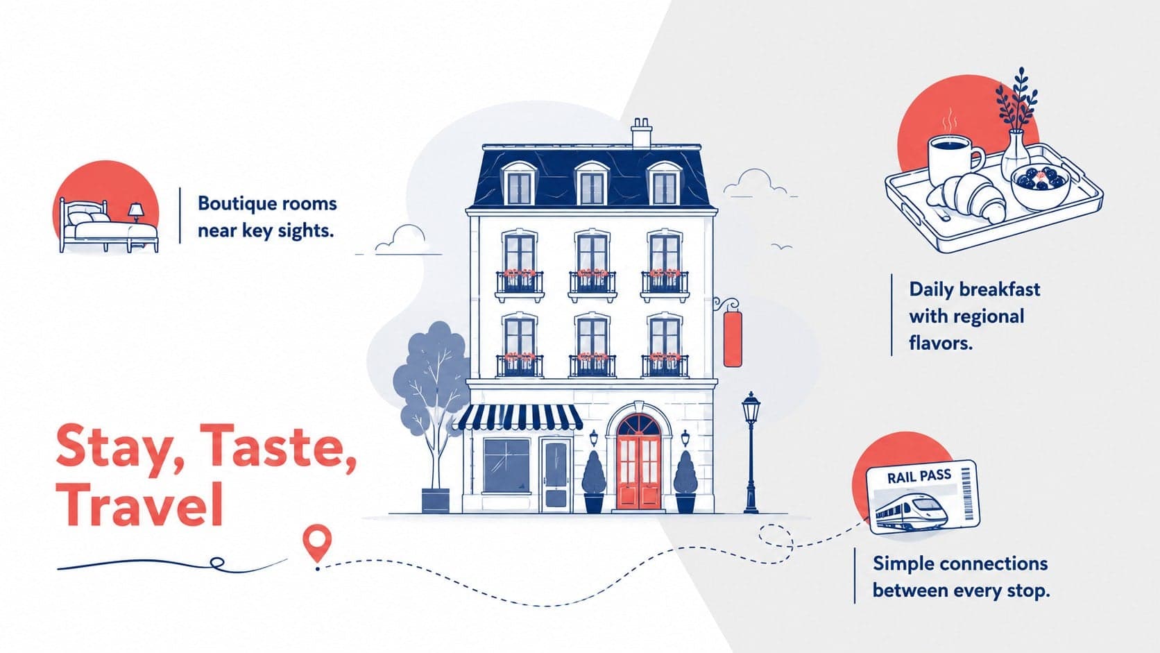 Tour operator brochure deck page presenting boutique stays, local dining, and convenient transport.