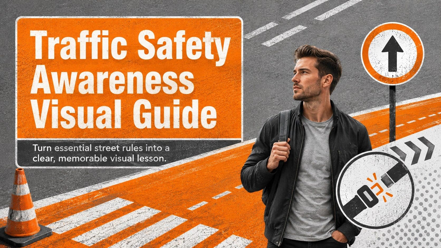 Traffic Safety Awareness Visual Guide cover with bold orange warning graphics and a structured grey-and-white layout.