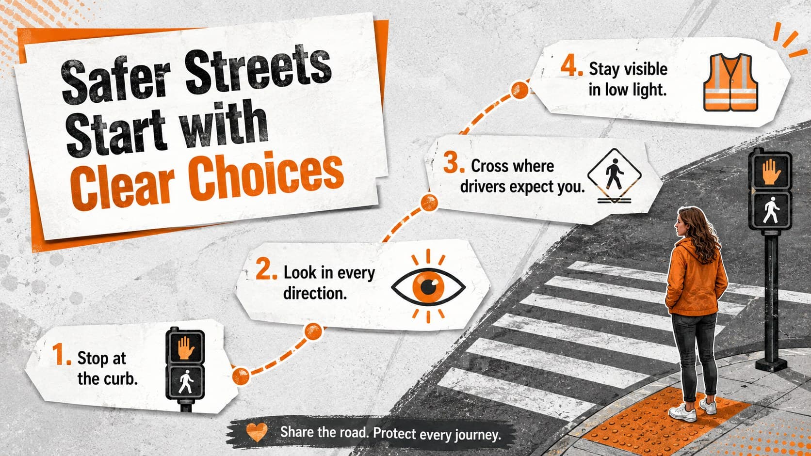 Pedestrian crossing safety presentation slide showing four practical steps for safer streets and school zones.
