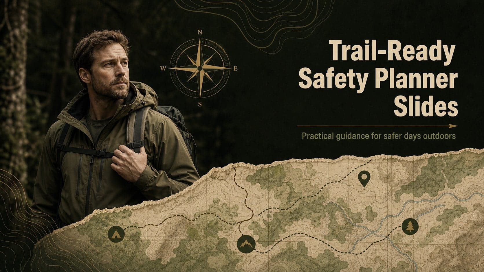 Cover slide for a trail safety planner slides deck with an earthy hiking scene and bold outdoor preparation title.
