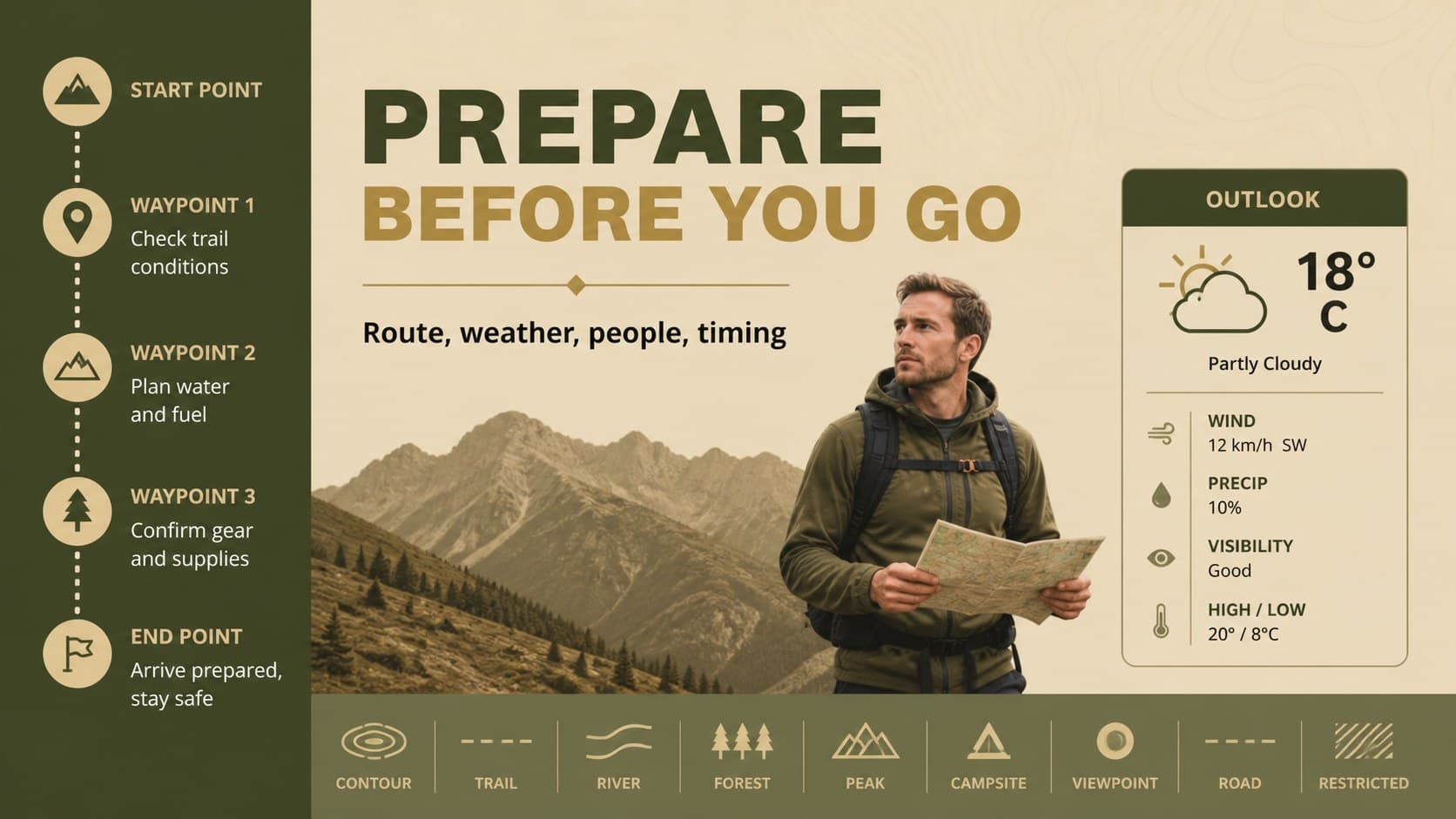 Trail preparation overview slide showing a route check, weather review, and group readiness checklist.