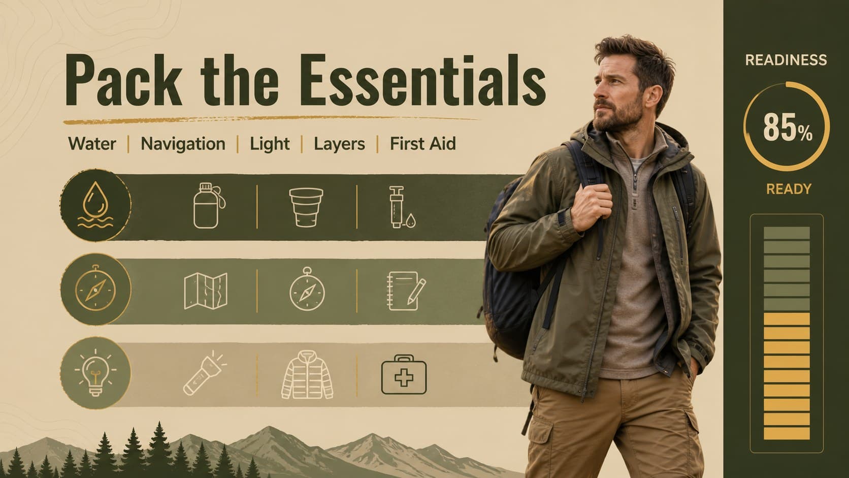 Hiking checklist slide with organized equipment categories and a simple pack-readiness layout.
