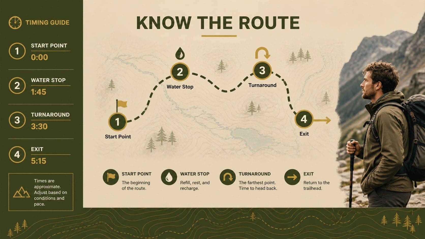 Navigation planning slide featuring a simplified route map, checkpoints, and estimated hiking times.