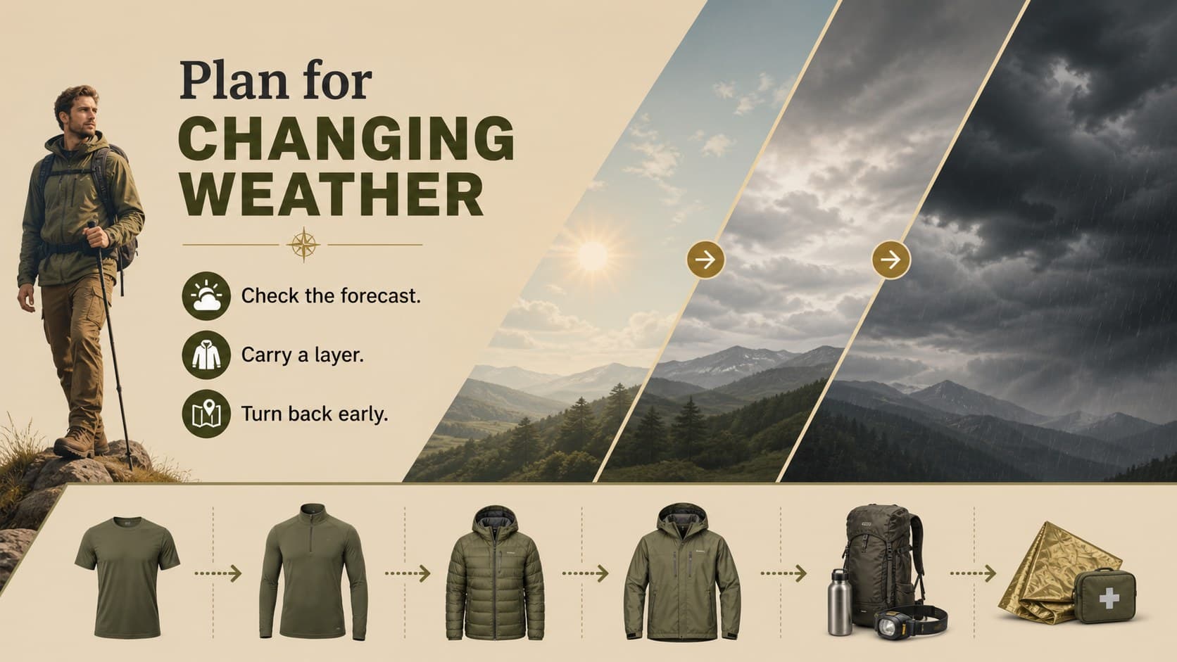 Weather readiness slide comparing changing conditions with recommended clothing and equipment responses.