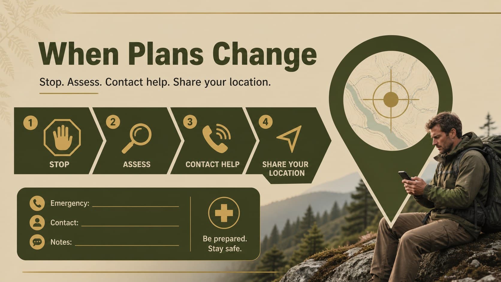 Emergency response slide outlining a calm sequence for stopping, assessing, contacting help, and sharing location.
