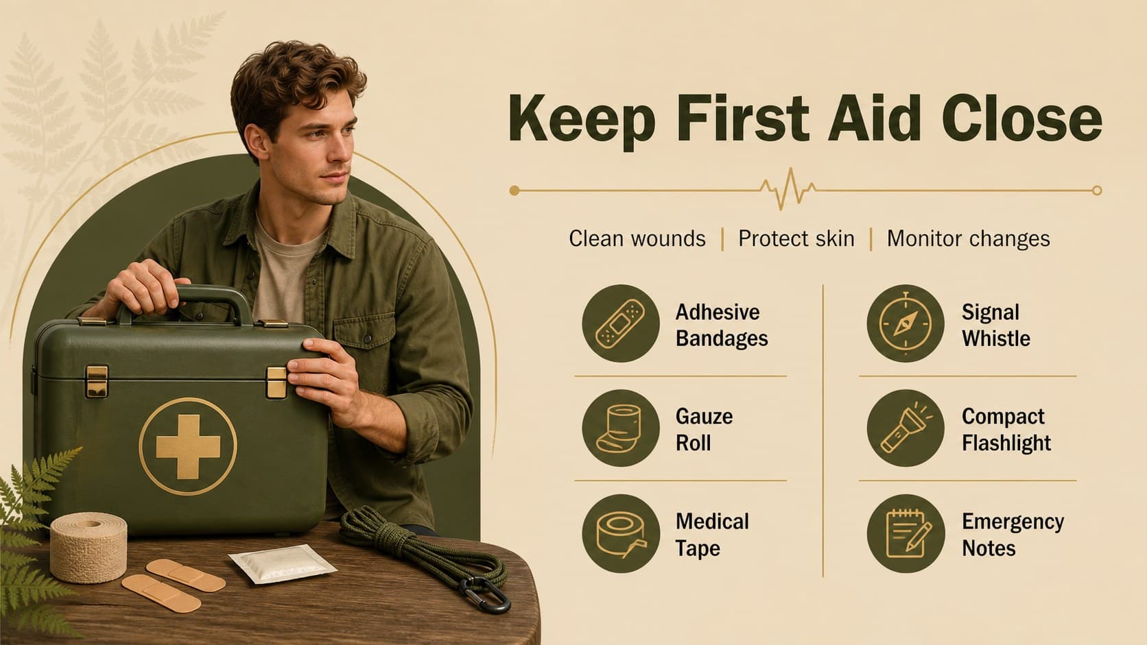 First-aid readiness slide with a compact kit inventory and clear priorities for minor trail injuries.