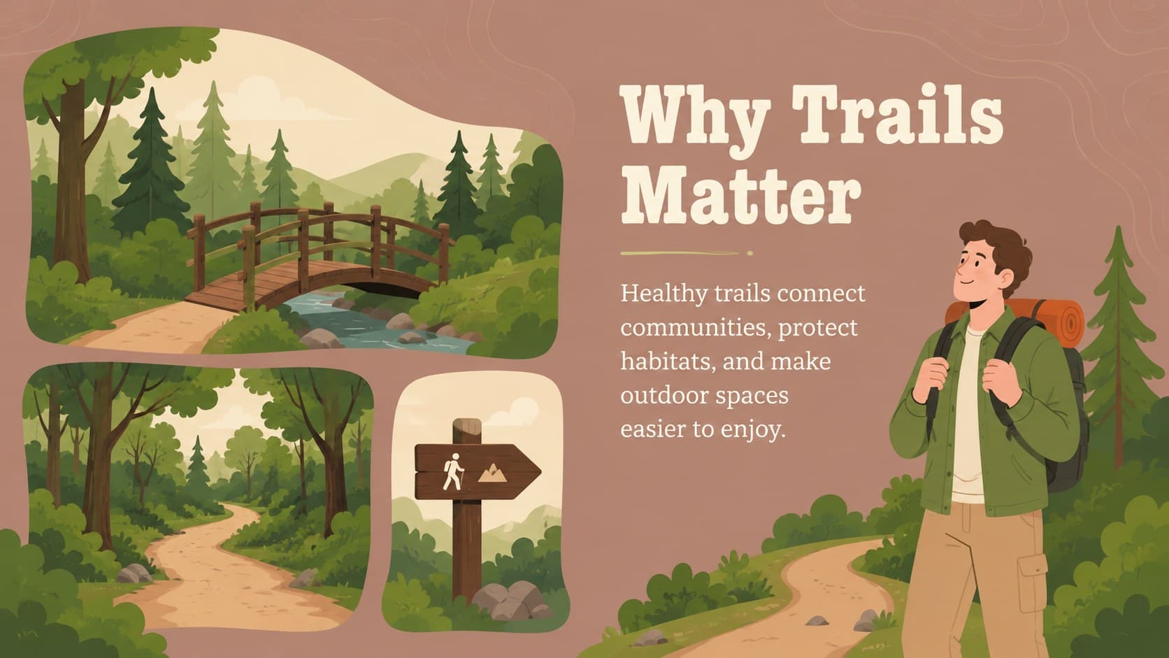 Illustrated National Trails Day event presentation slide explaining the community value of healthy trails.