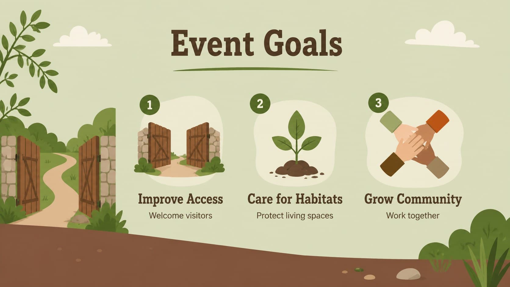Trail stewardship event deck slide presenting three goals for access, care, and community participation.