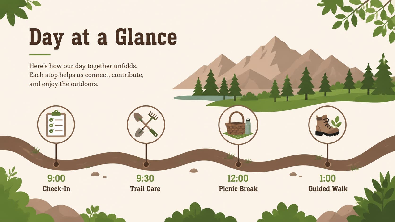 Community trail event template showing a morning-to-afternoon National Trails Day schedule.