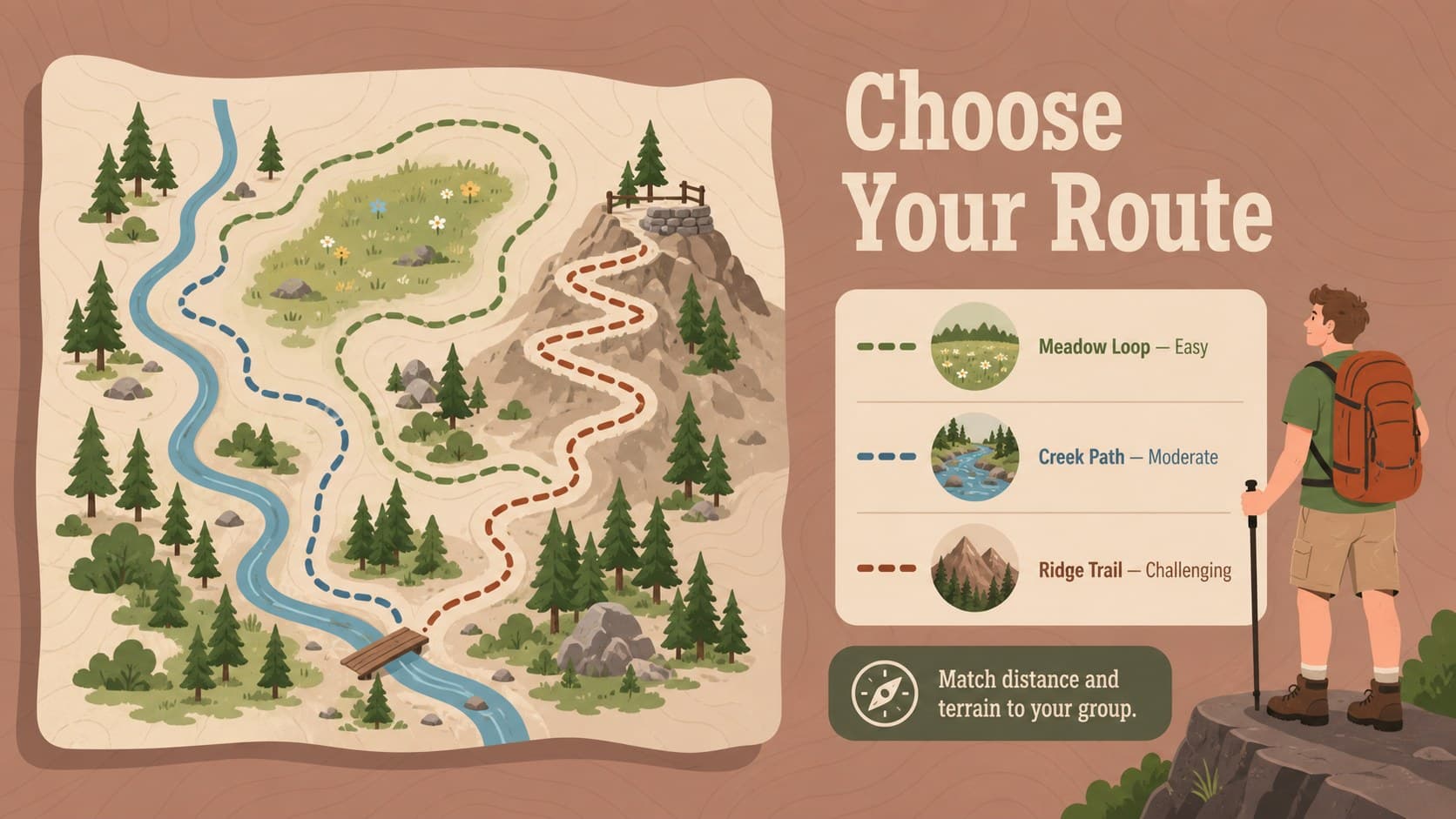 Illustrated hiking event deck slide comparing easy, moderate, and challenging trail routes.