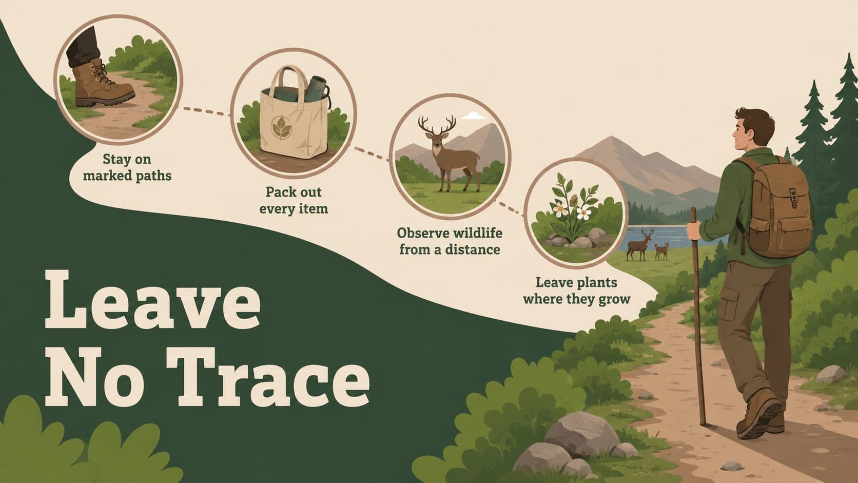 Outdoor conservation presentation slide outlining four Leave No Trace actions for hikers.