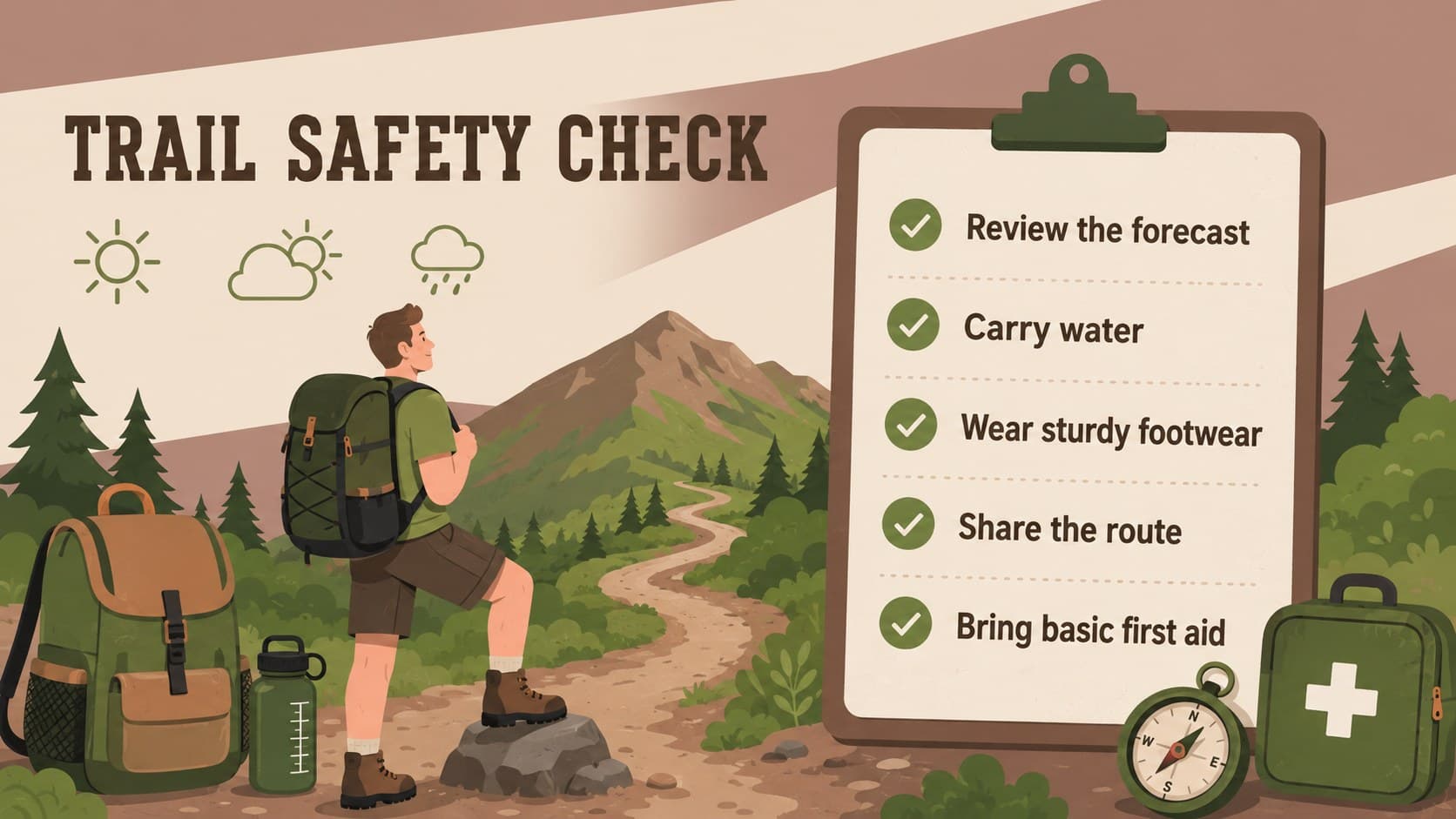 Hiking safety workshop slide with a practical checklist for weather, water, footwear, and communication.