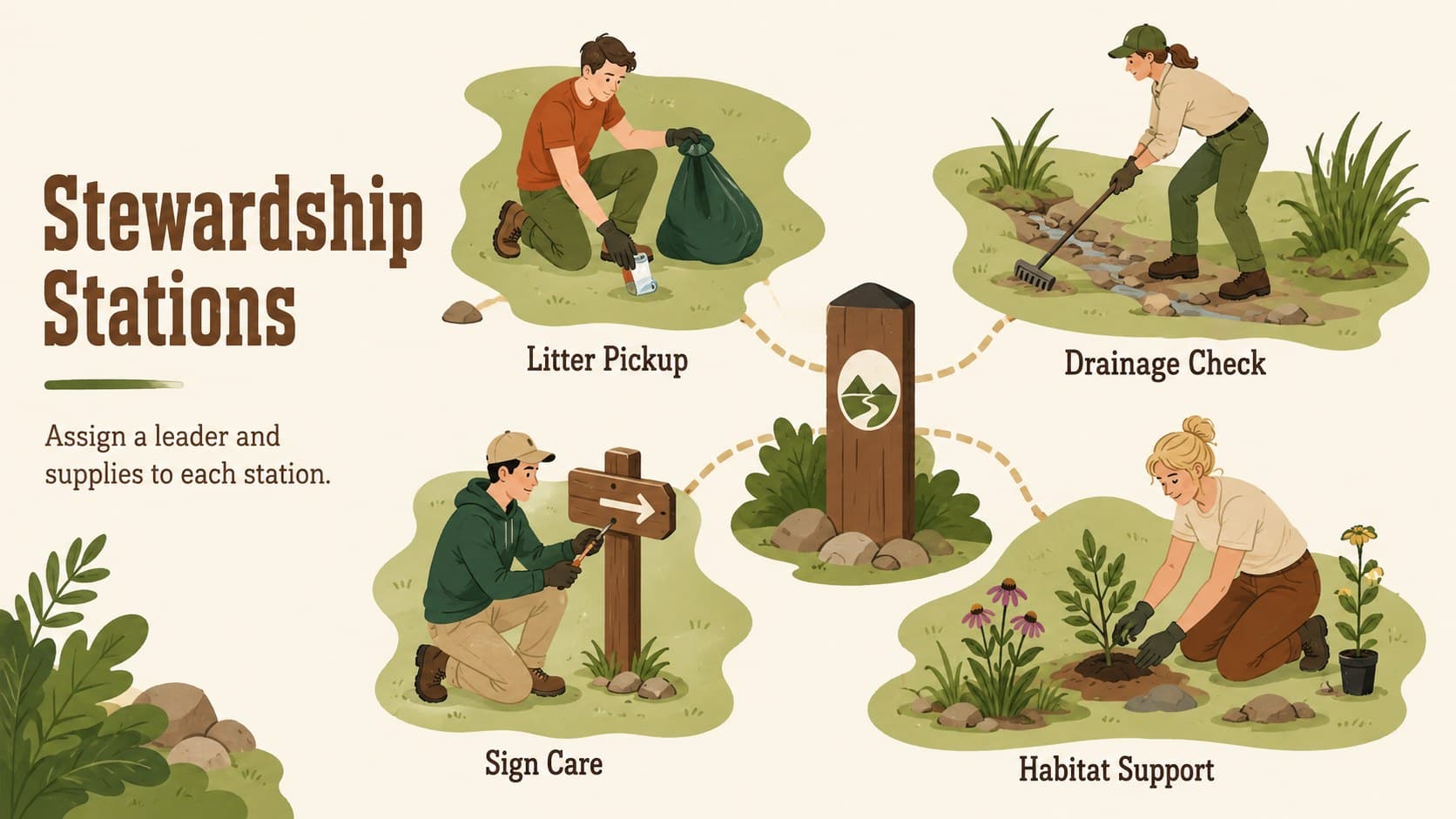 Volunteer trail maintenance slide organizing cleanup, drainage, signage, and habitat stewardship stations.