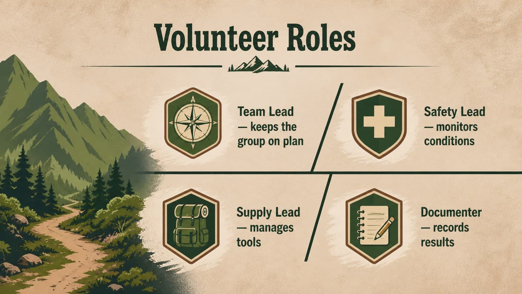 Trail stewardship volunteer presentation slide defining leader, safety, supply, and documentation roles.