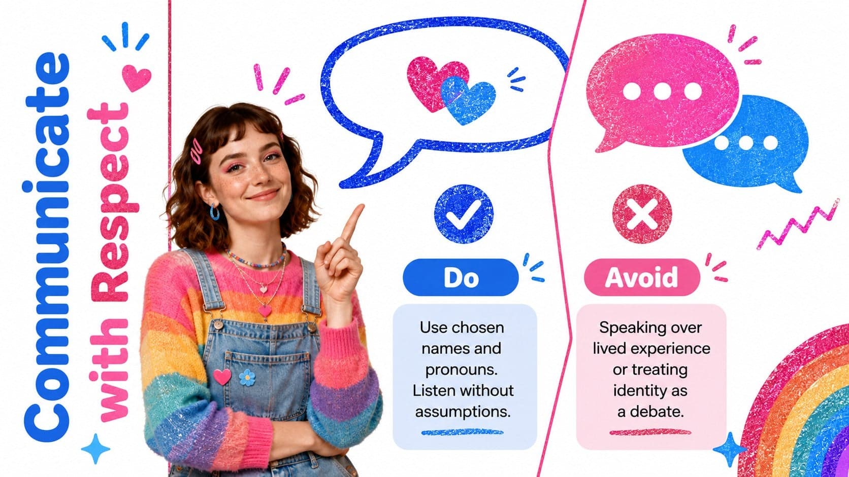 Respectful language guidance slide for a gender identity allyship presentation.