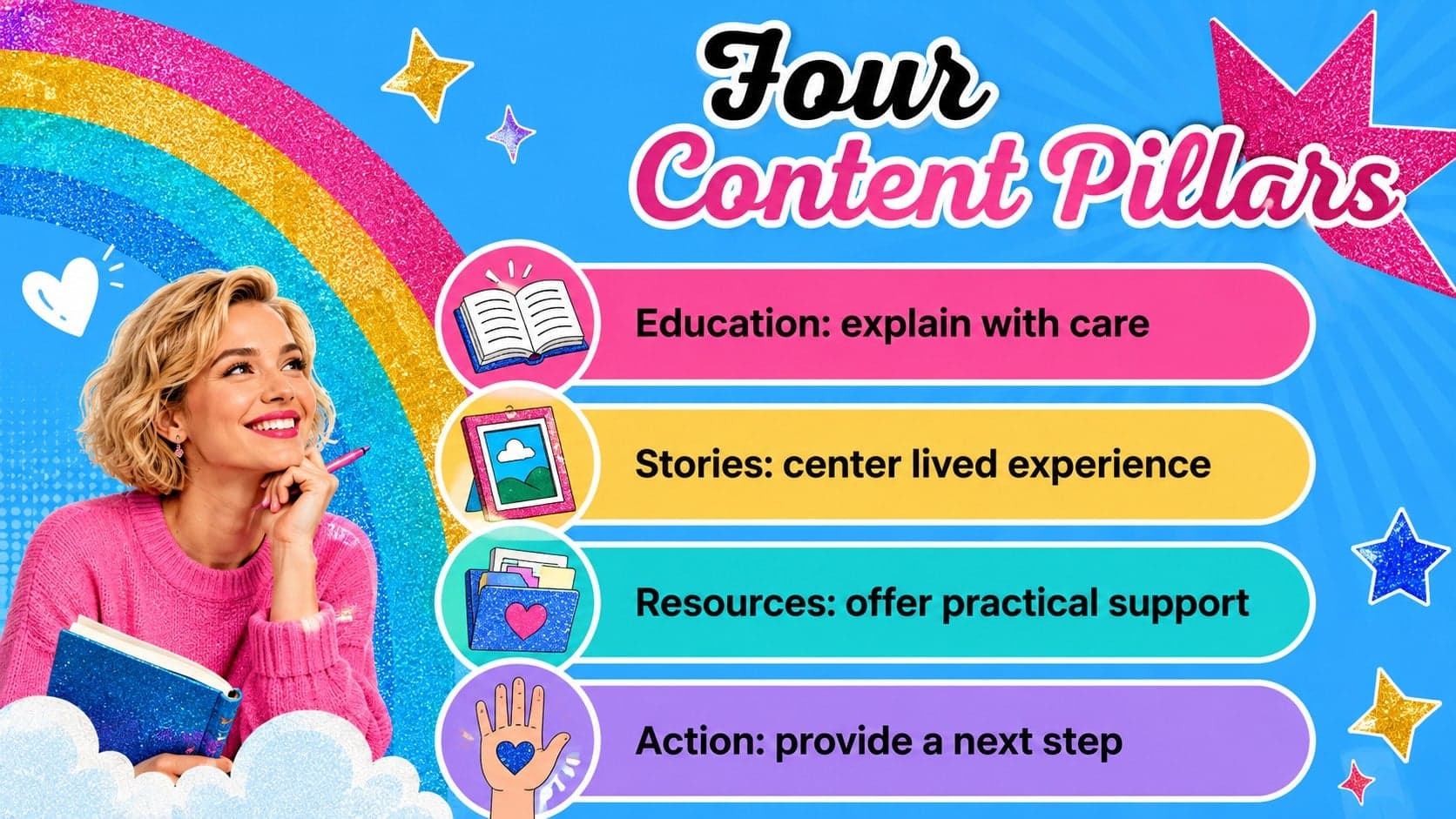 Content pillars slide organizing education, stories, resources, and action for transgender outreach.