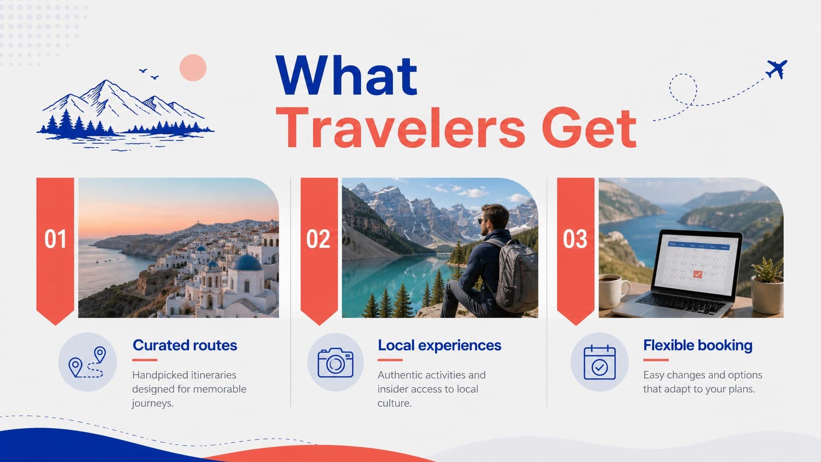 Destination highlights slide showing travel package benefits, photo areas, and concise marketing copy for a tourism presentation.
