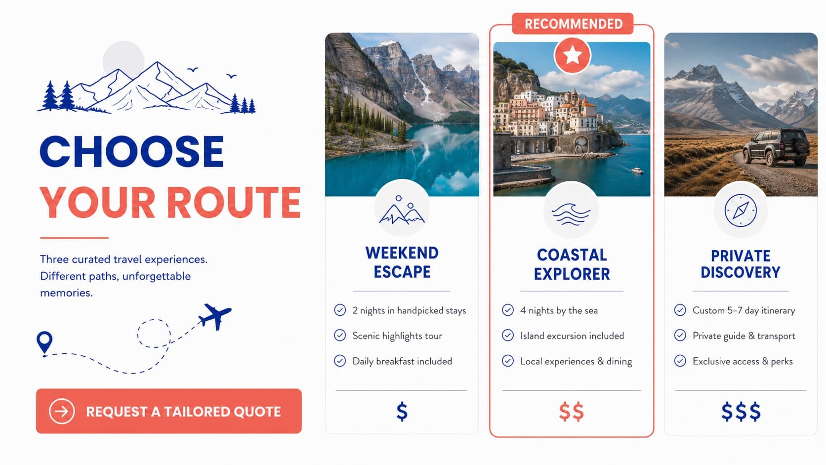 Tour package comparison slide contrasting three travel offers with pricing placeholders and booking callouts.