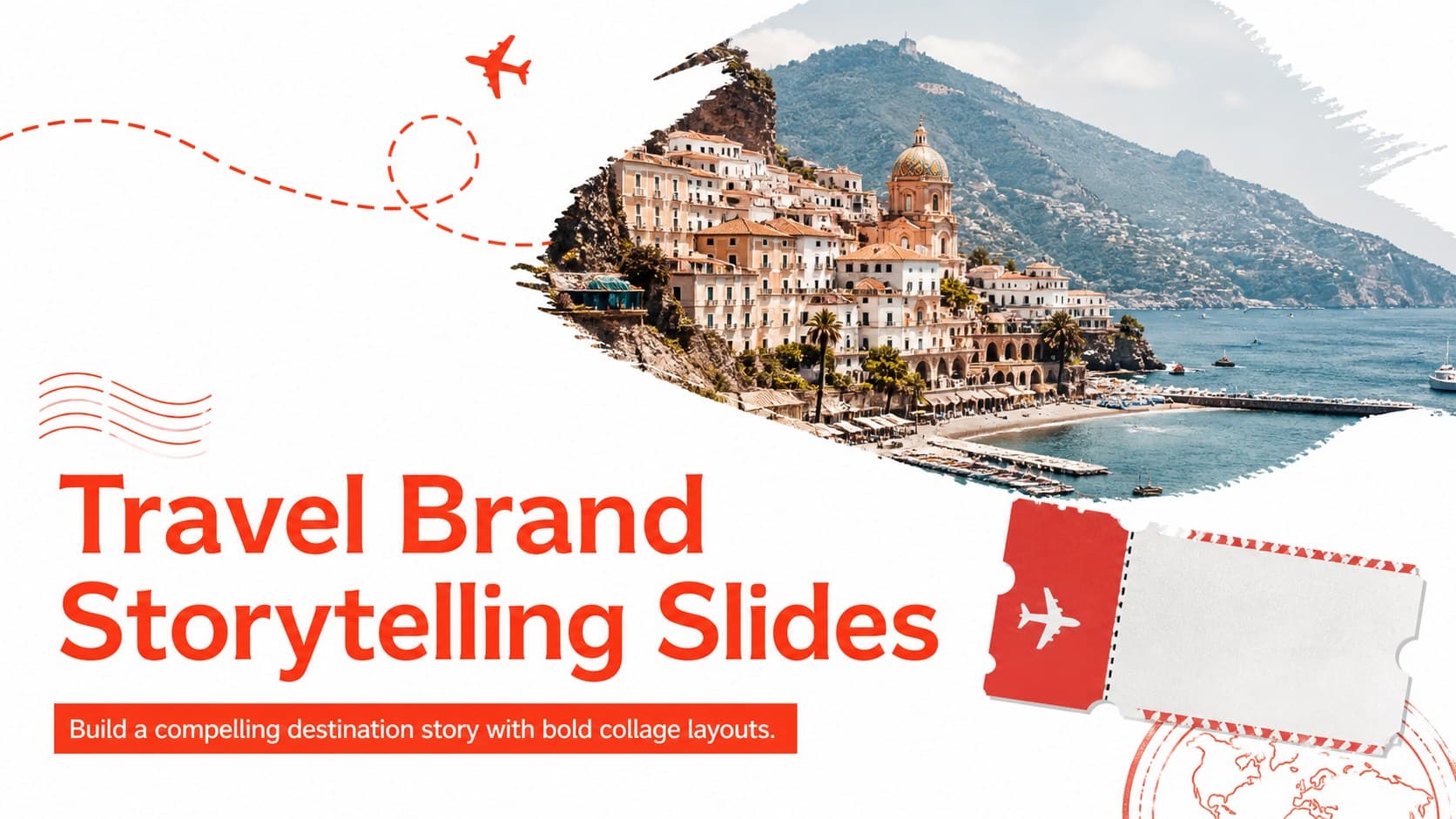 Cover for Travel Brand Storytelling Slides with red-and-white destination photography and editorial collage details.