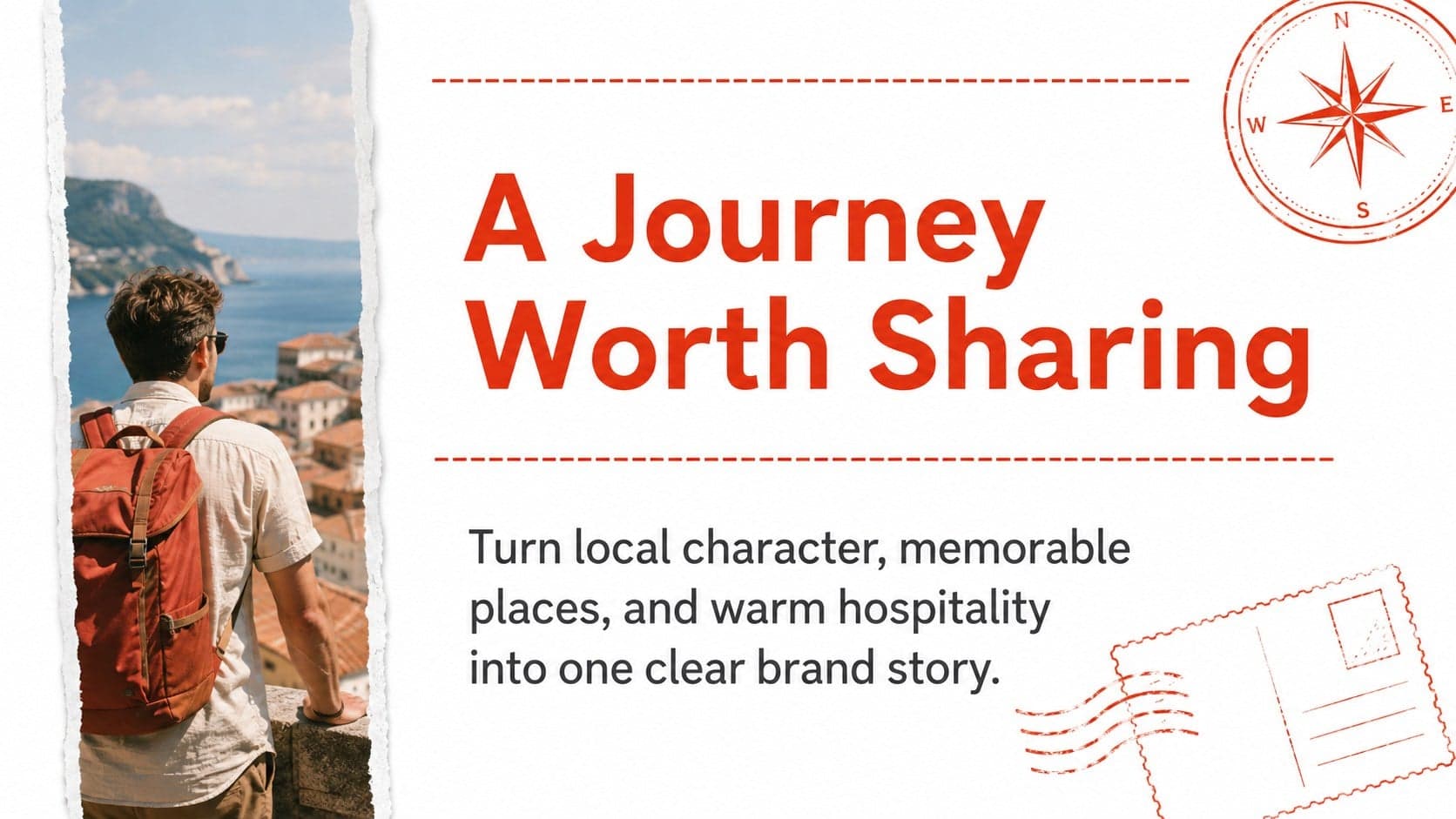 Travel branding presentation slide introducing a destination story through an editorial red collage layout.