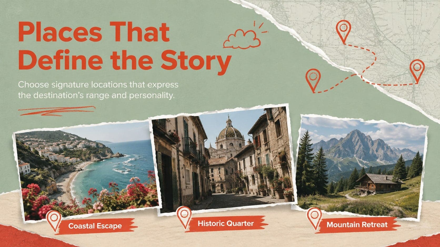 Destination marketing presentation template slide featuring three travel locations in a red-and-white photo collage.