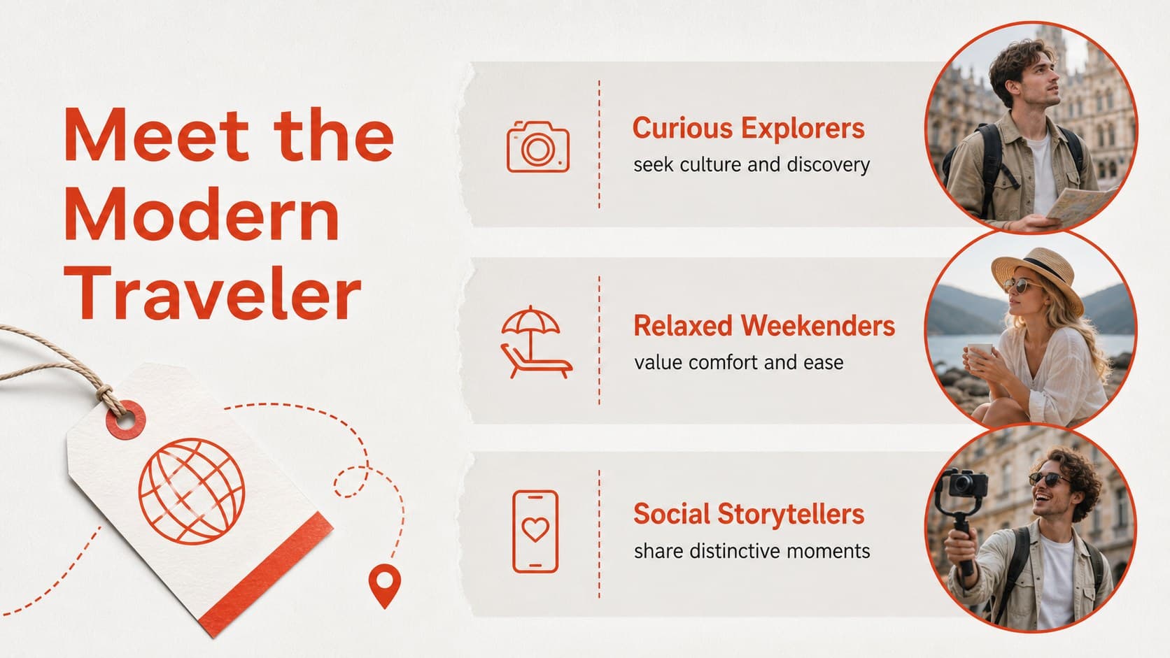 Tourism campaign pitch deck slide outlining three traveler audience profiles with modern collage imagery.