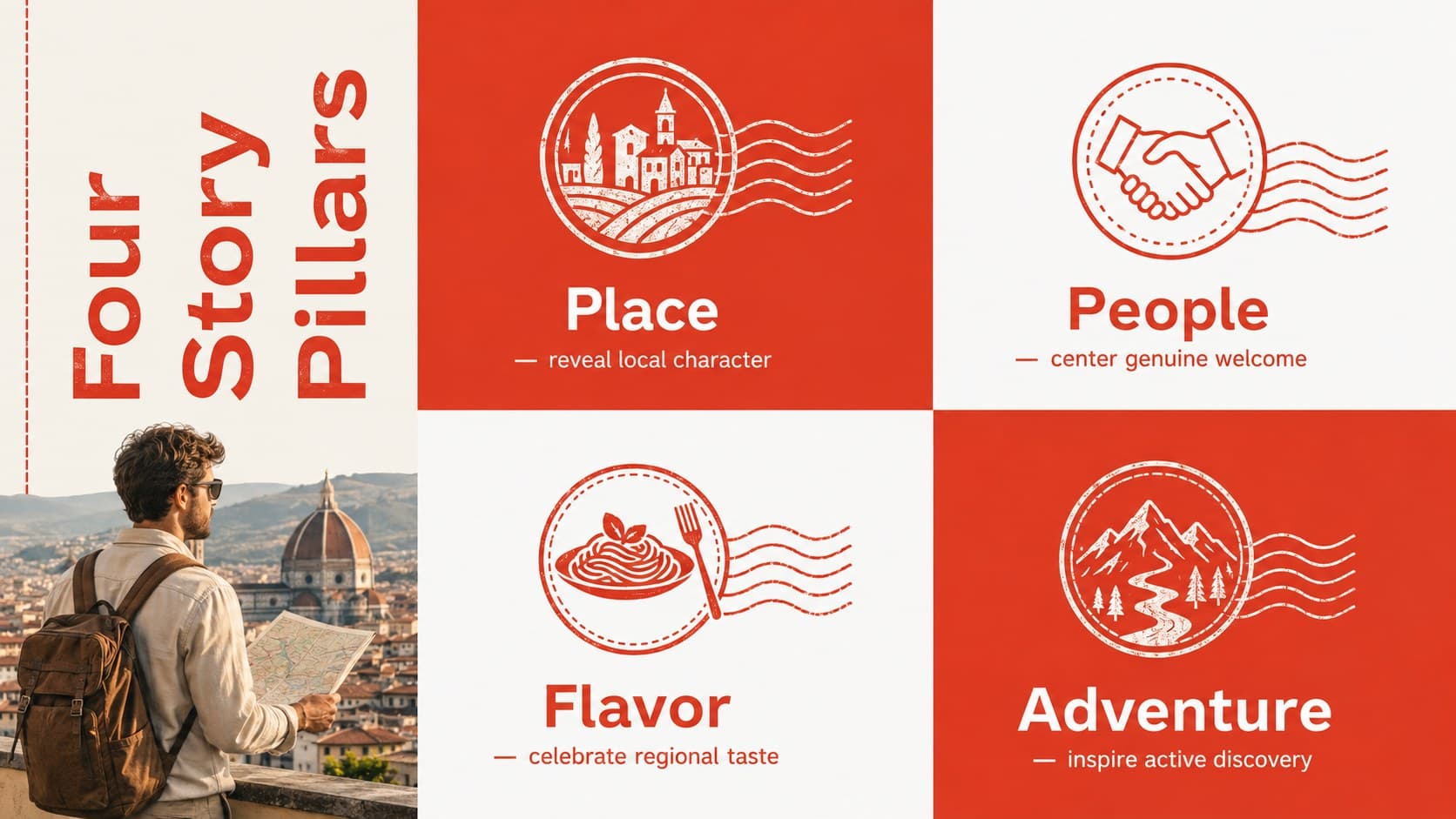 Travel brand strategy slide showing four storytelling pillars in a bold red editorial grid.