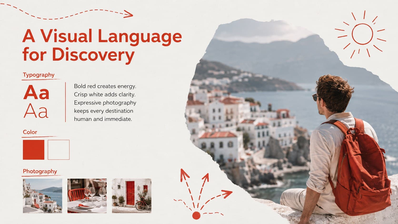 Hospitality brand identity slide displaying typography, photography, and red-and-white visual direction.