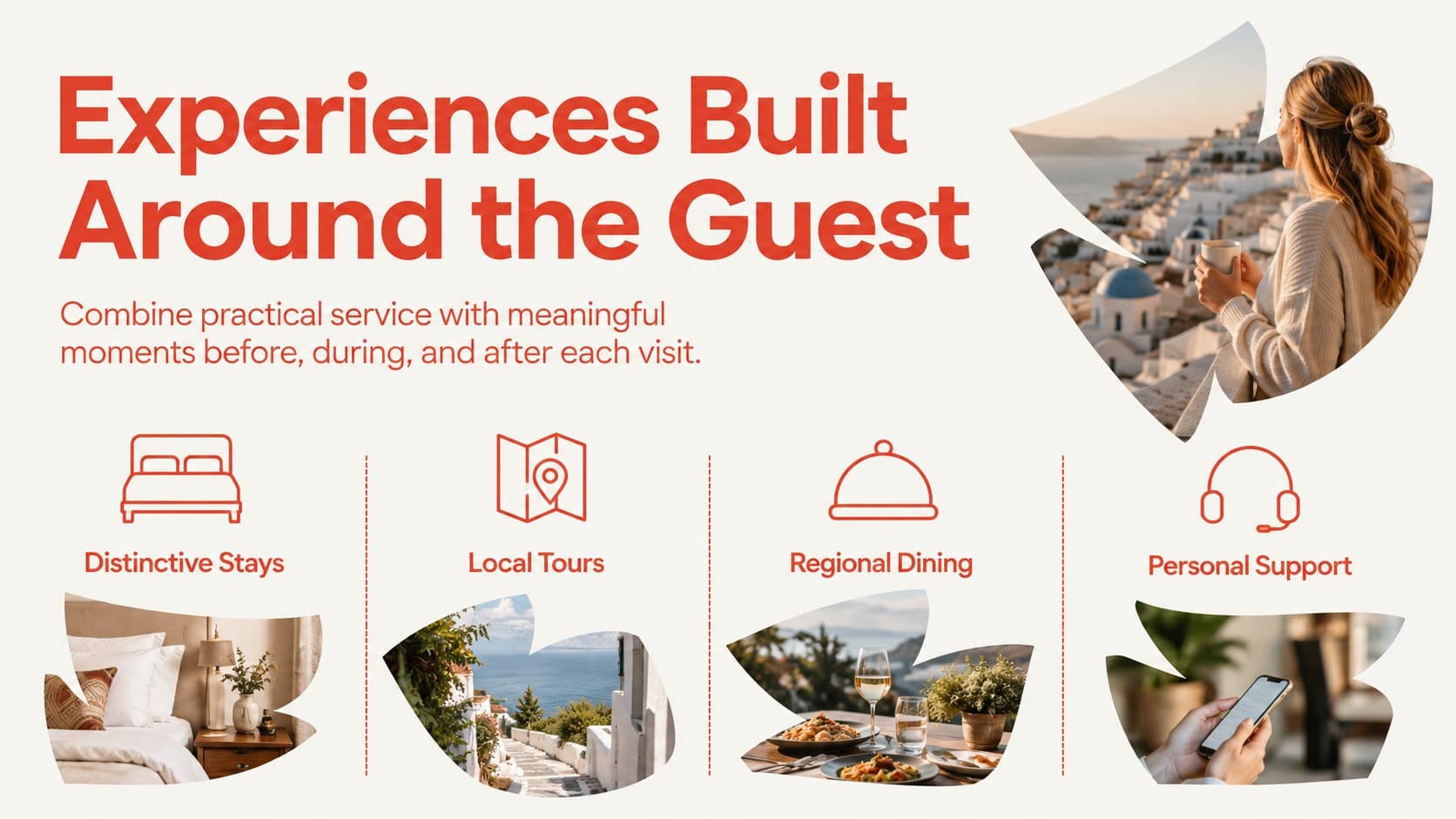 Hospitality marketing slide presenting stays, tours, dining, and guest support services.