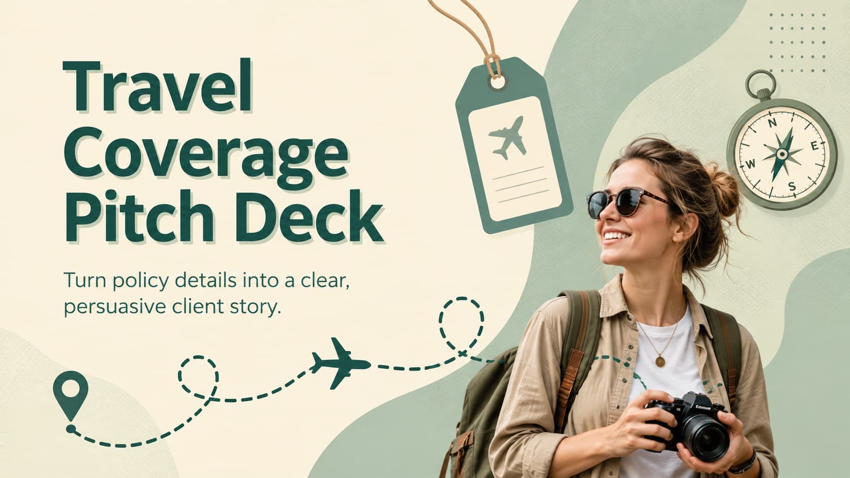Beige and green Travel Coverage Pitch Deck cover with playful journey illustrations and a minimalist title layout.