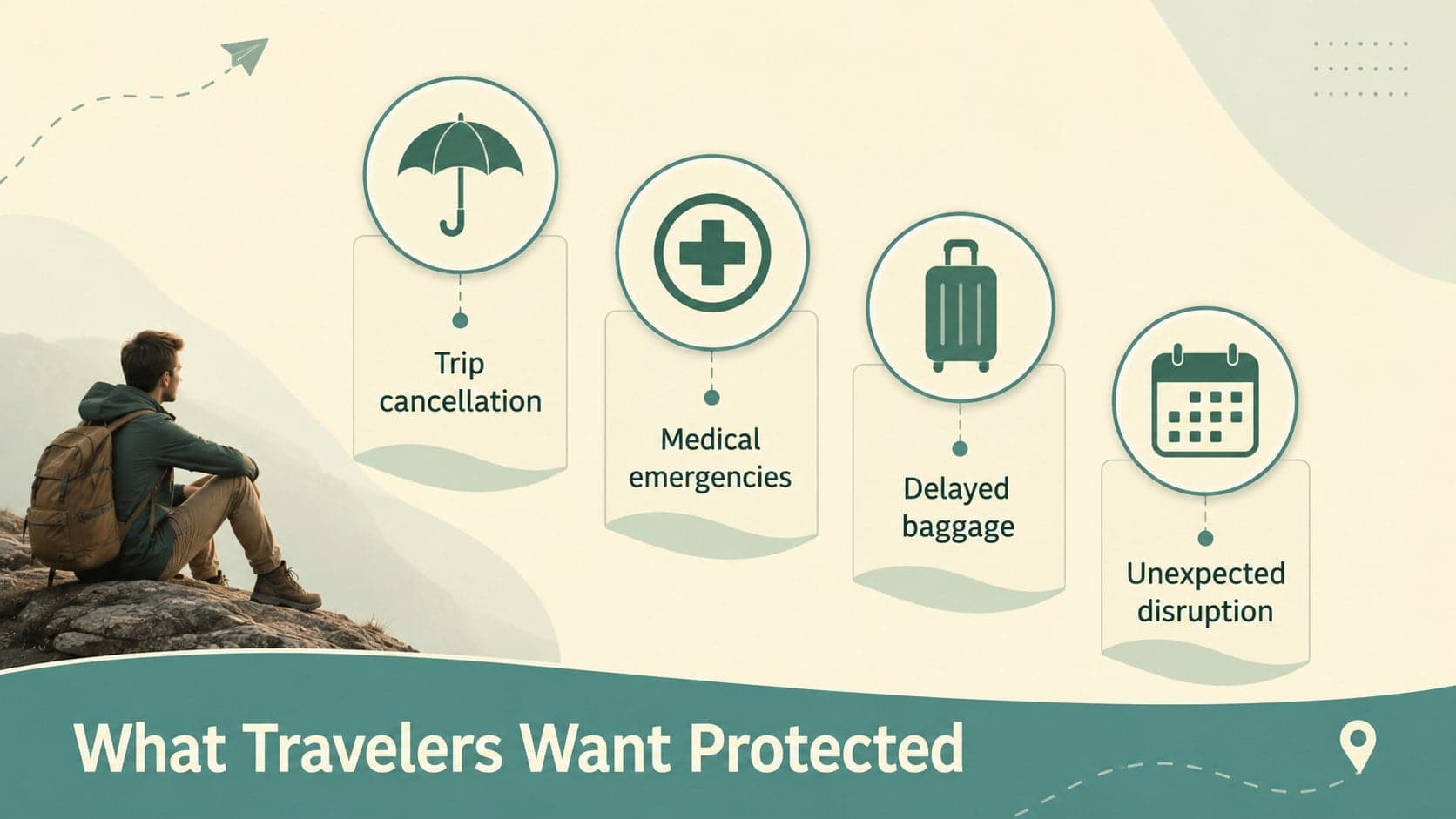 Travel coverage pitch deck slide summarizing traveler concerns and protection priorities.