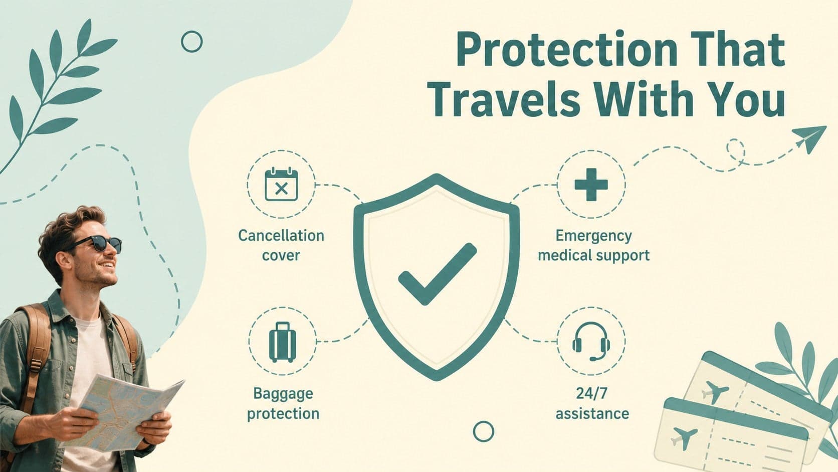Client travel protection proposal slide presenting four core policy benefits.