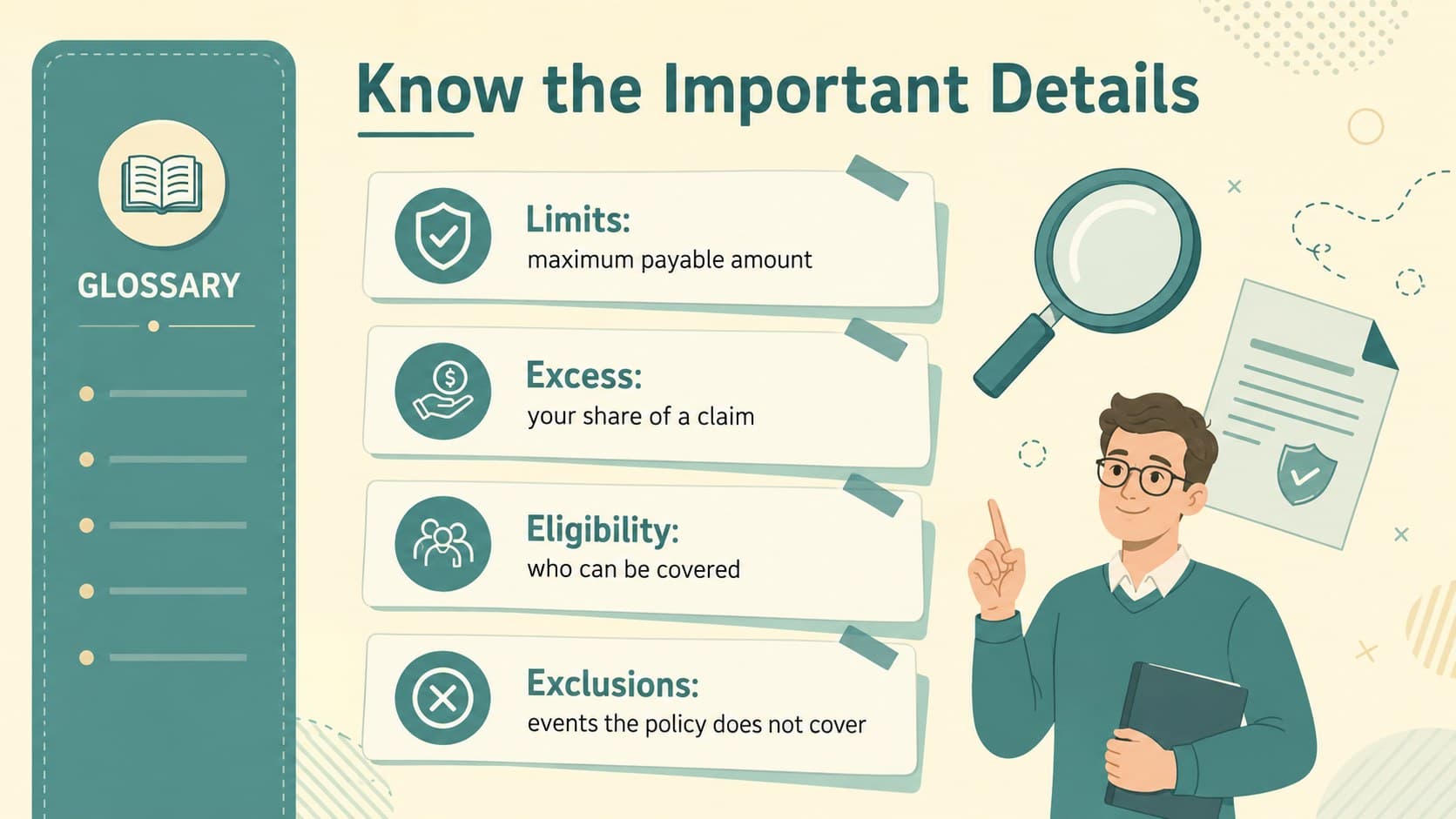 Insurance policy benefits deck slide explaining limits, excess, eligibility, and exclusions.