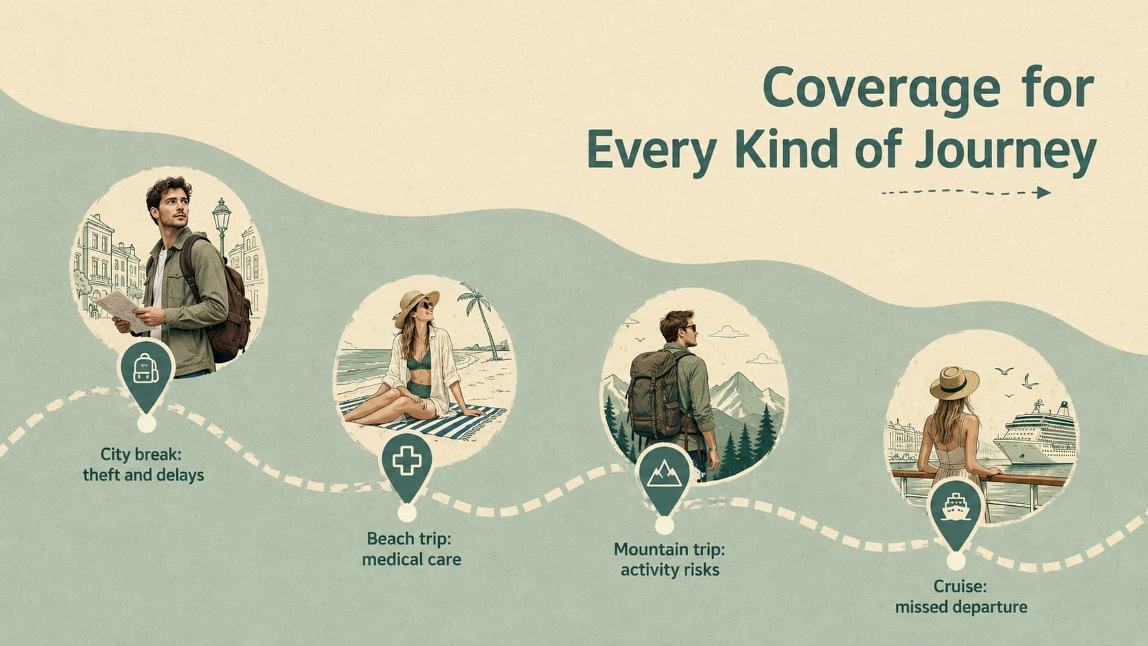 Travel risk briefing template slide mapping common risks across city, beach, mountain, and cruise trips.