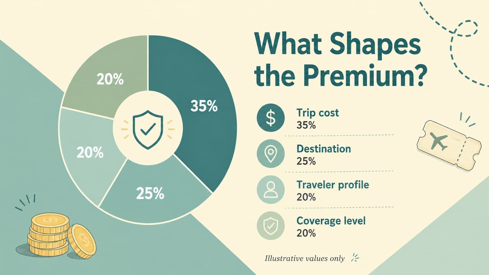 Travel insurance pricing slide comparing premium drivers and sample plan values.