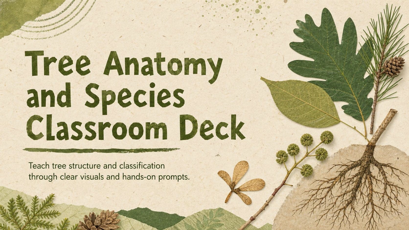 Cover of the Tree Anatomy and Species Classroom Deck with layered botanical illustrations in green and beige.